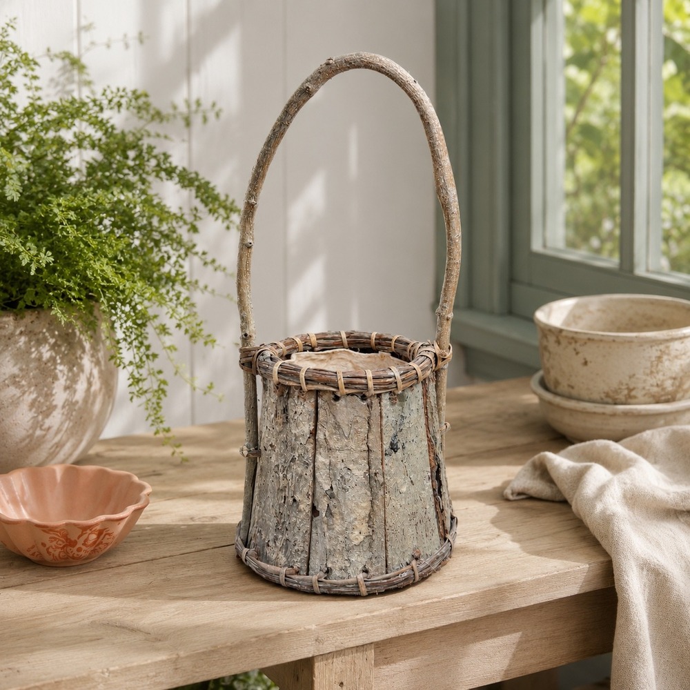 Vintage Bark Planter Basket with Liner Rustic Woodland‎ Cachepot 1970s